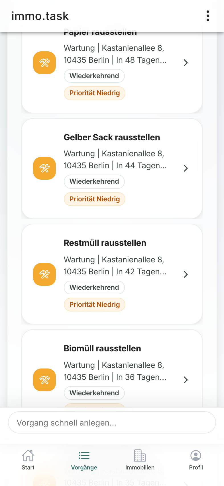 Müllplan-Vorgang mit Rotation und wiederkehrender Planung