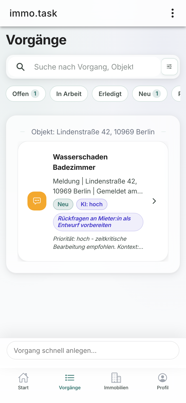 Wasserschaden-Ticket mit Schadensmeldung, Foto und Dienstleister-Zuweisung
